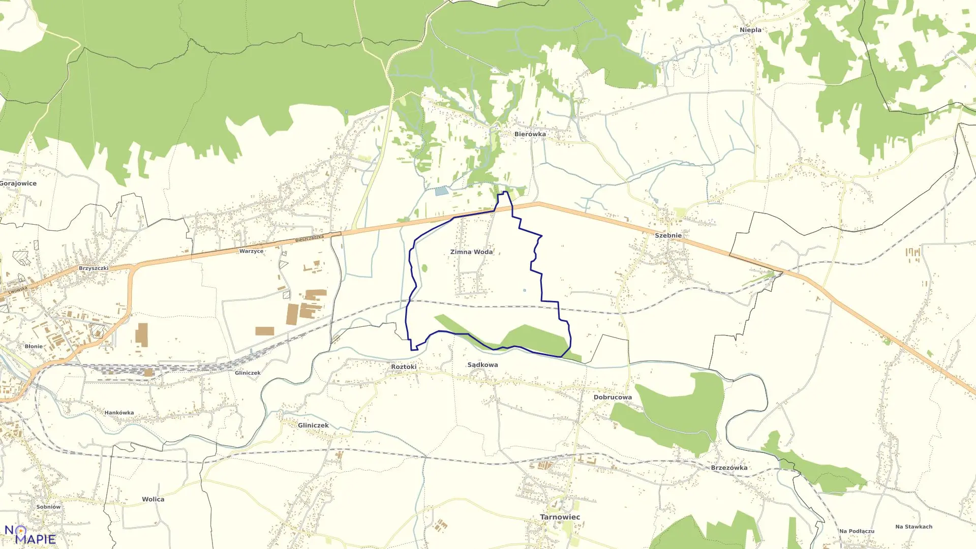 Mapa obrębu Zimna Woda w gminie Jasło